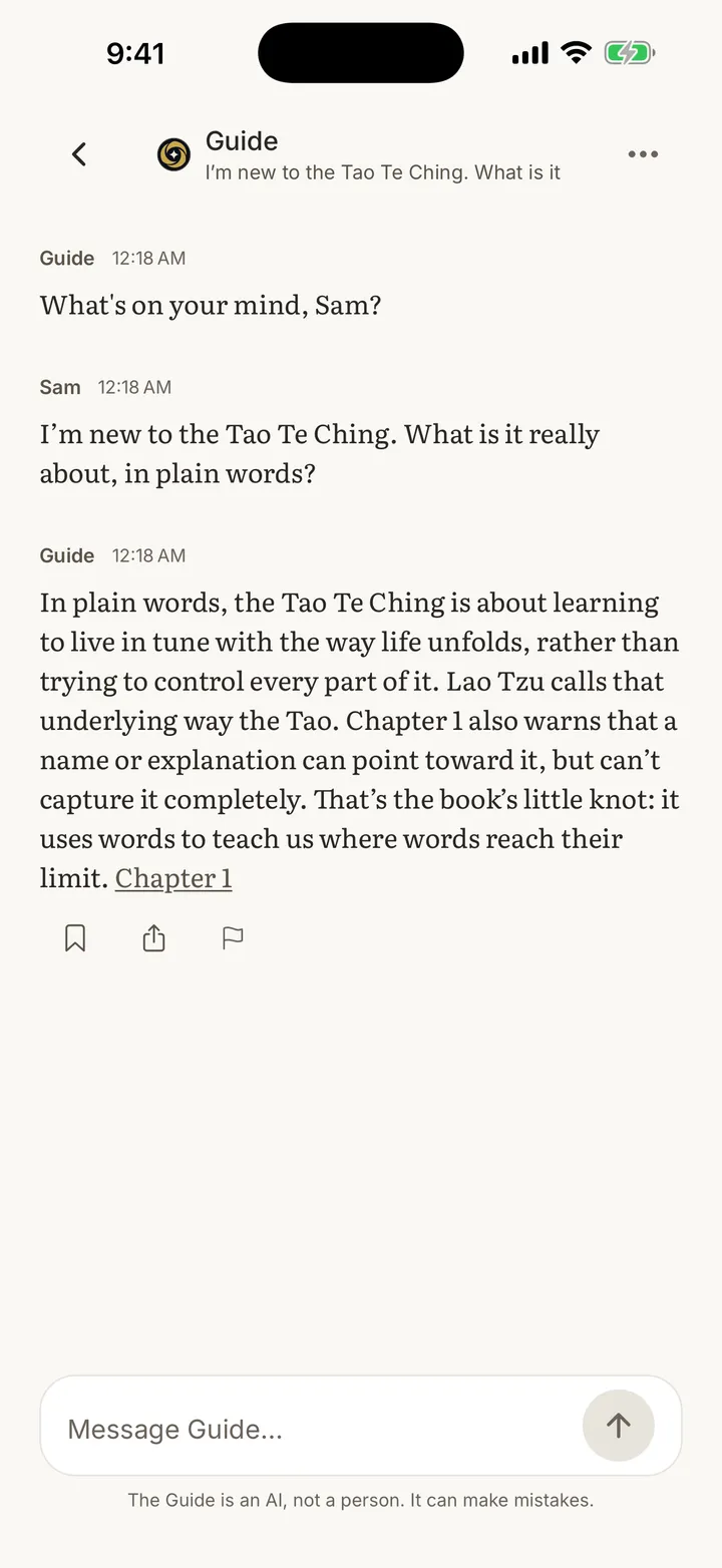 A conversation with the Guide explaining what the Tao Te Ching is about, with a link to Chapter 1.