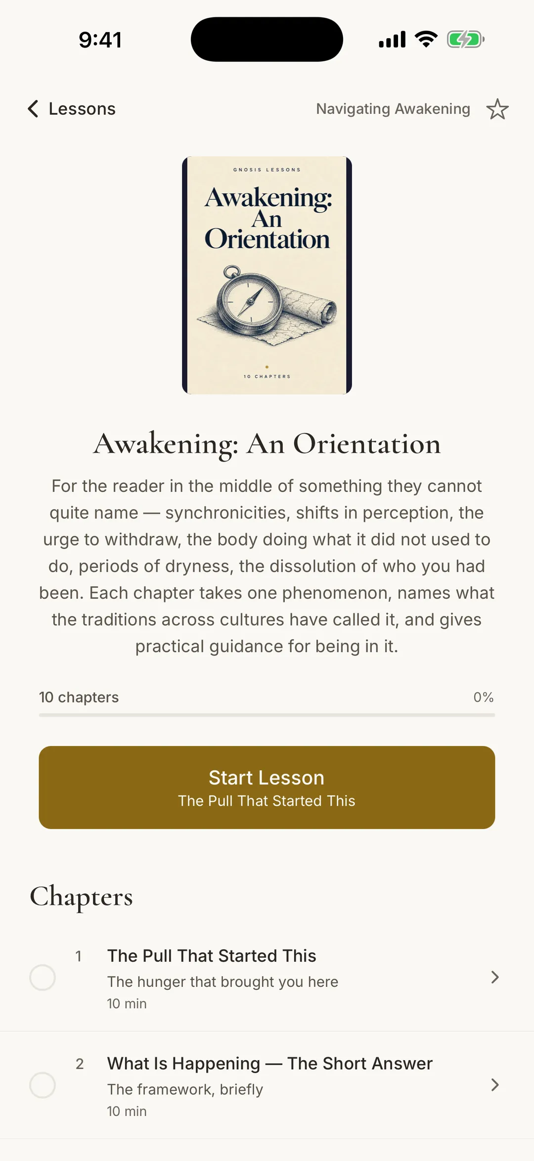 The lesson Awakening: An Orientation, with its cover, description and first chapters.