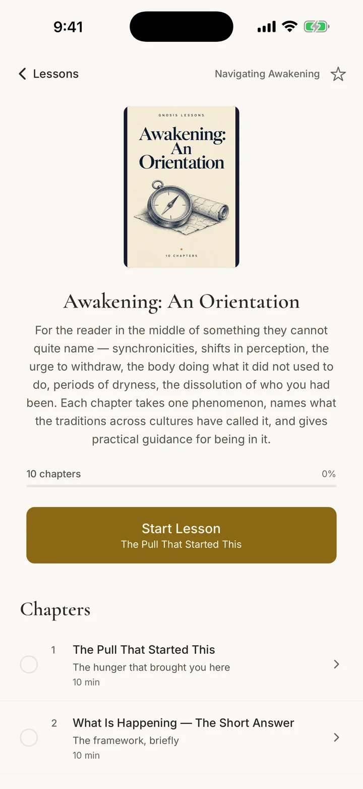The lesson Awakening: An Orientation, with its cover, description and first chapters.
