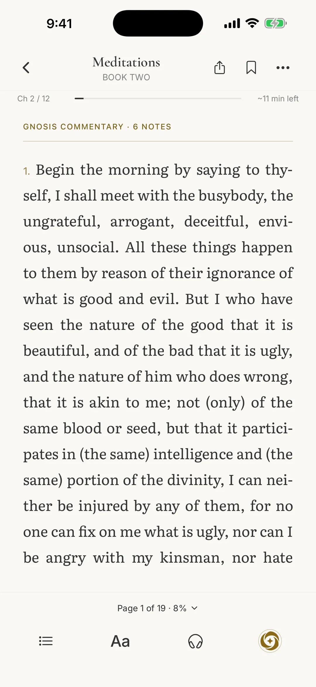 The Gnosis reader open to Book Two of Meditations by Marcus Aurelius.