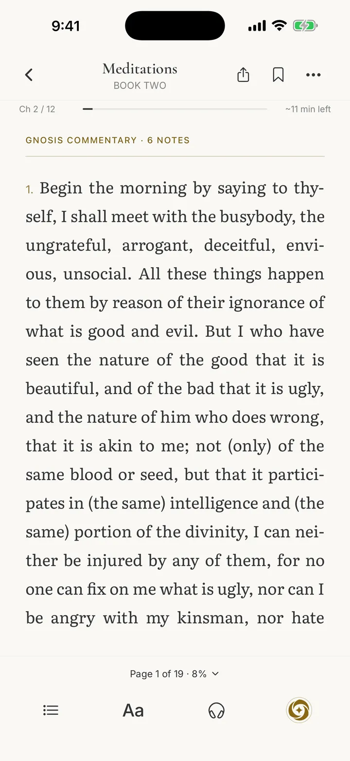 The Gnosis reader open to Book Two of Meditations by Marcus Aurelius.