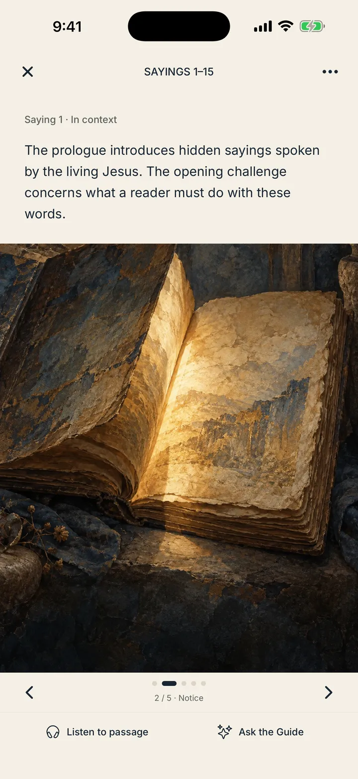 An illustrated reading from the Gospel of Thomas: a painting of an open, glowing manuscript under a short note on Saying 1.
