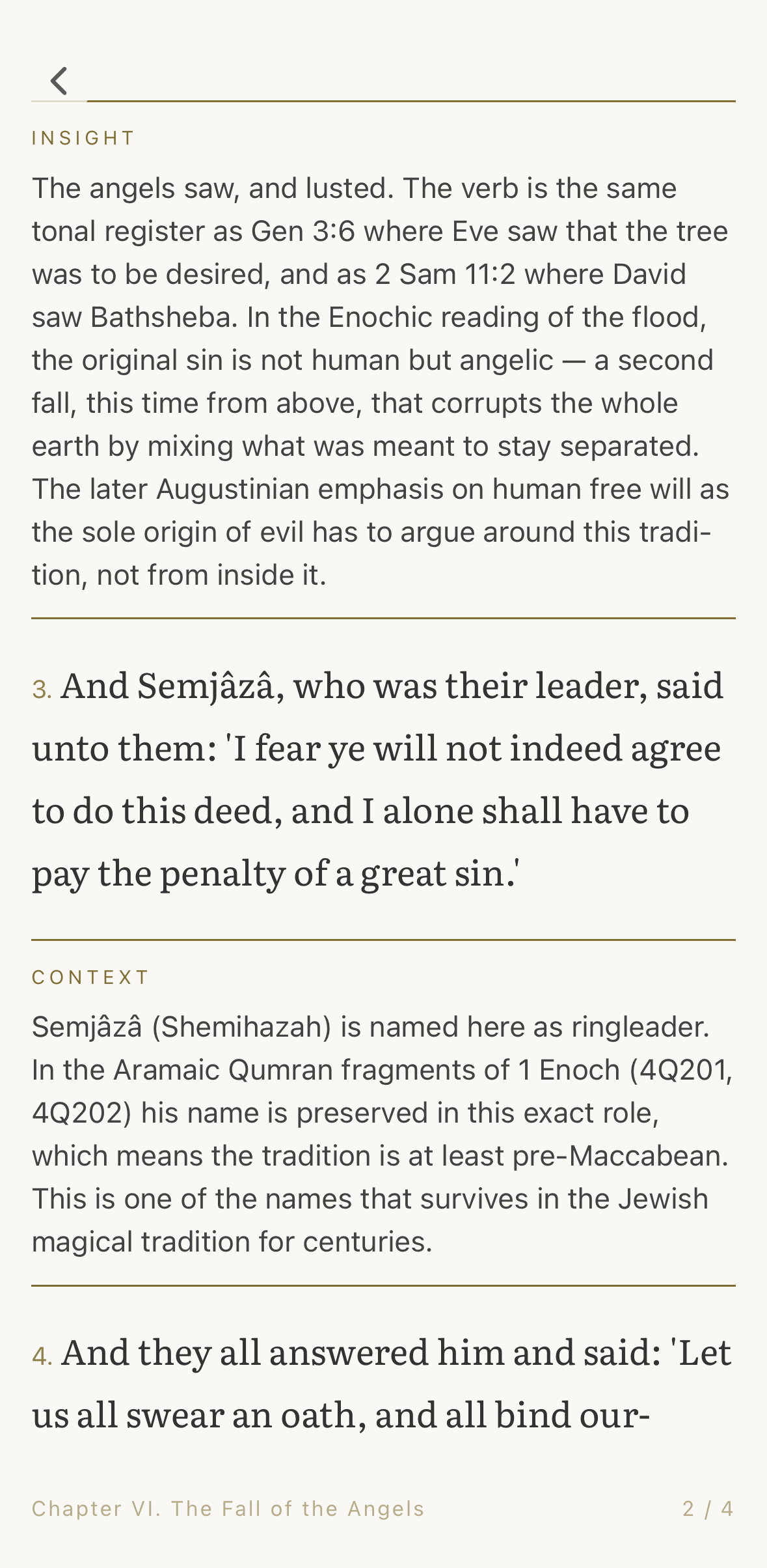 Book of Enoch with Commentary switched on — curated Insight and Context notes interleaved between the verses