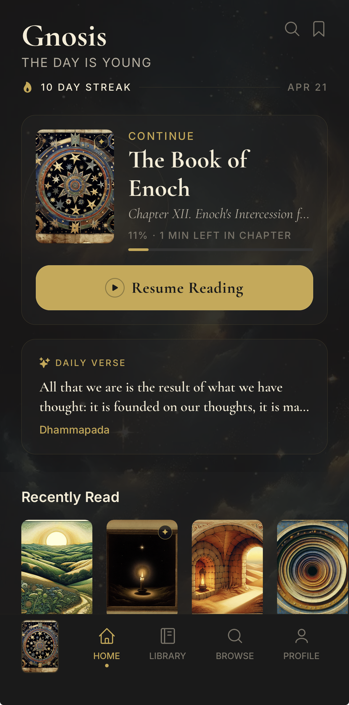 Gnosis home screen in dark theme — four reader themes, chosen per mood