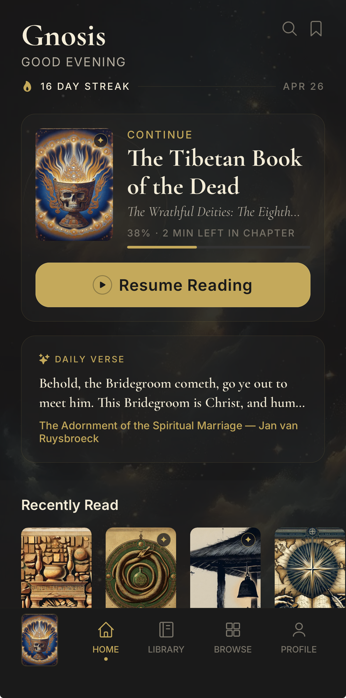 Gnosis home screen — daily passage, continue reading, and recently read shelf