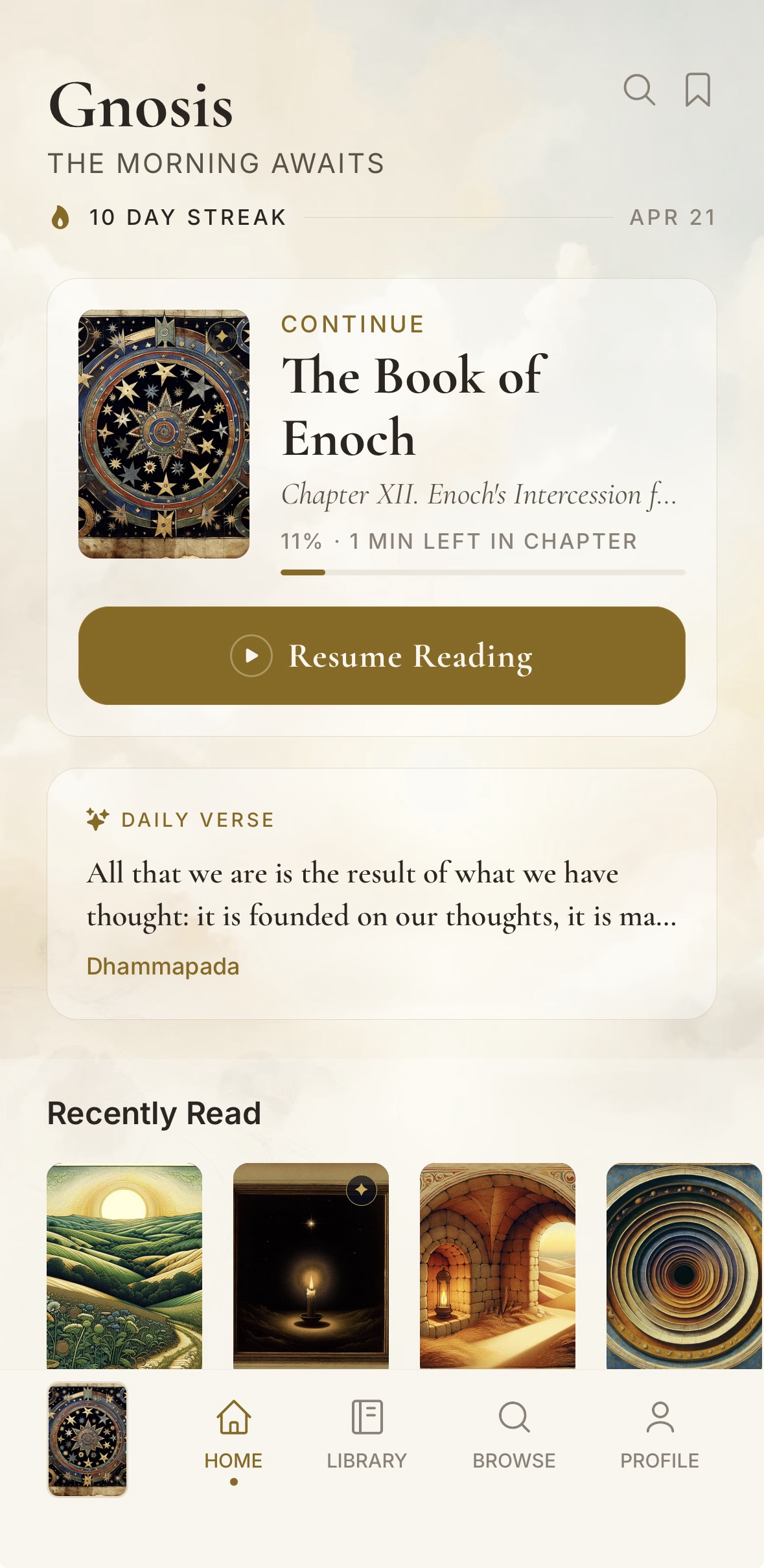 Gnosis home screen in light theme — daily passage, continue reading, and recently read shelf