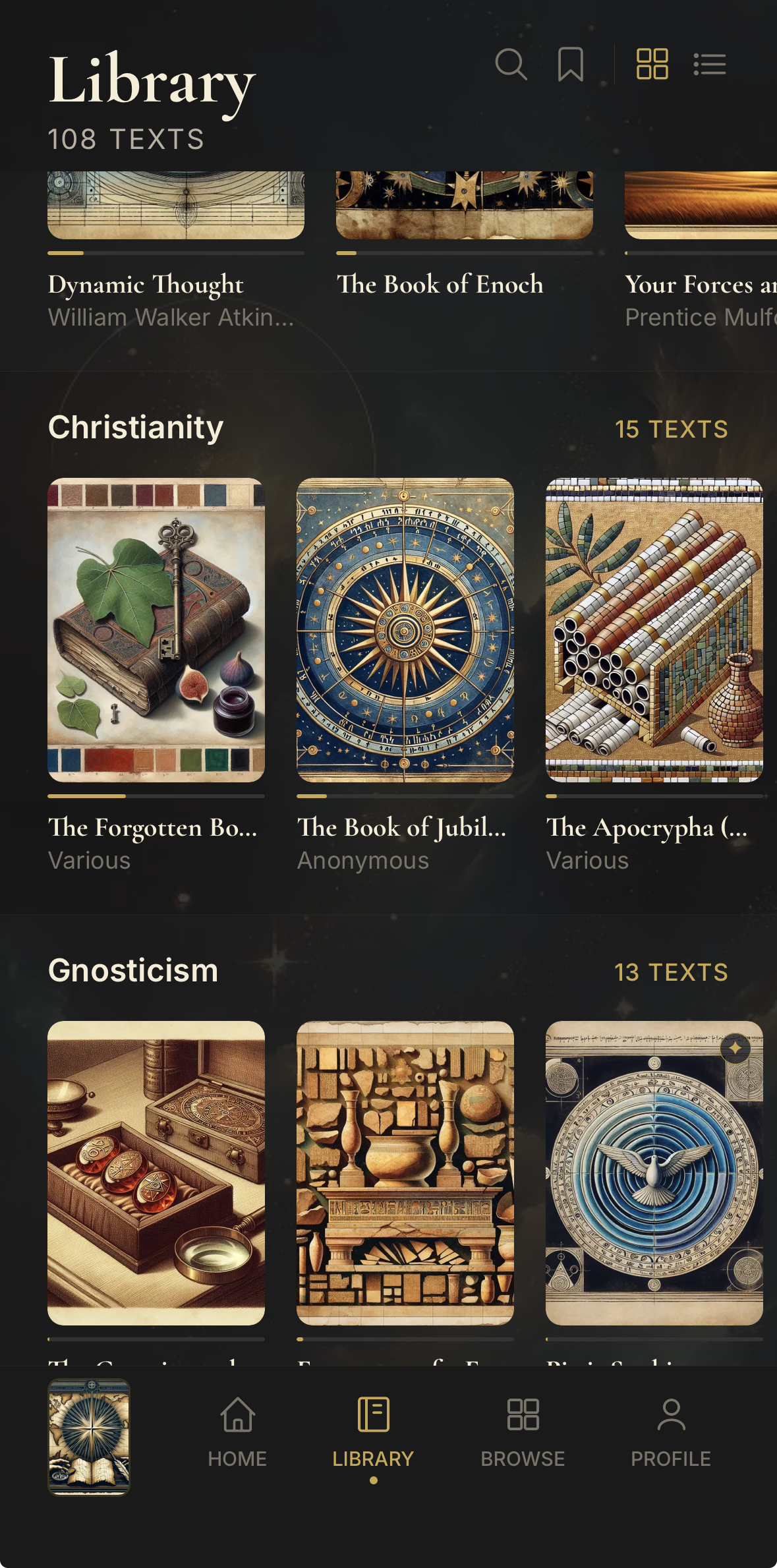 Gnosis Library tab — 108 texts on one shelf, each with cover, author, tradition, and reading length