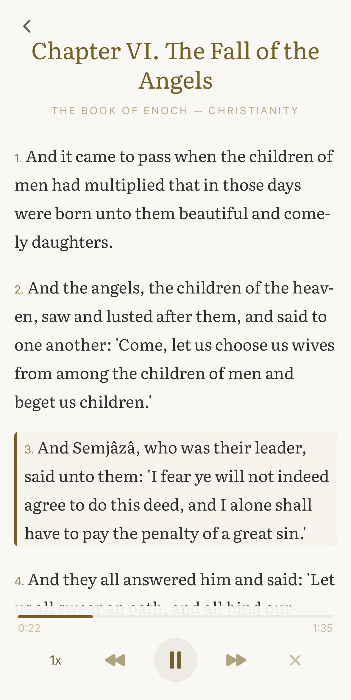 Book of Enoch in the reader while audio plays — the currently narrated verse highlighted in gold, transport controls at the bottom