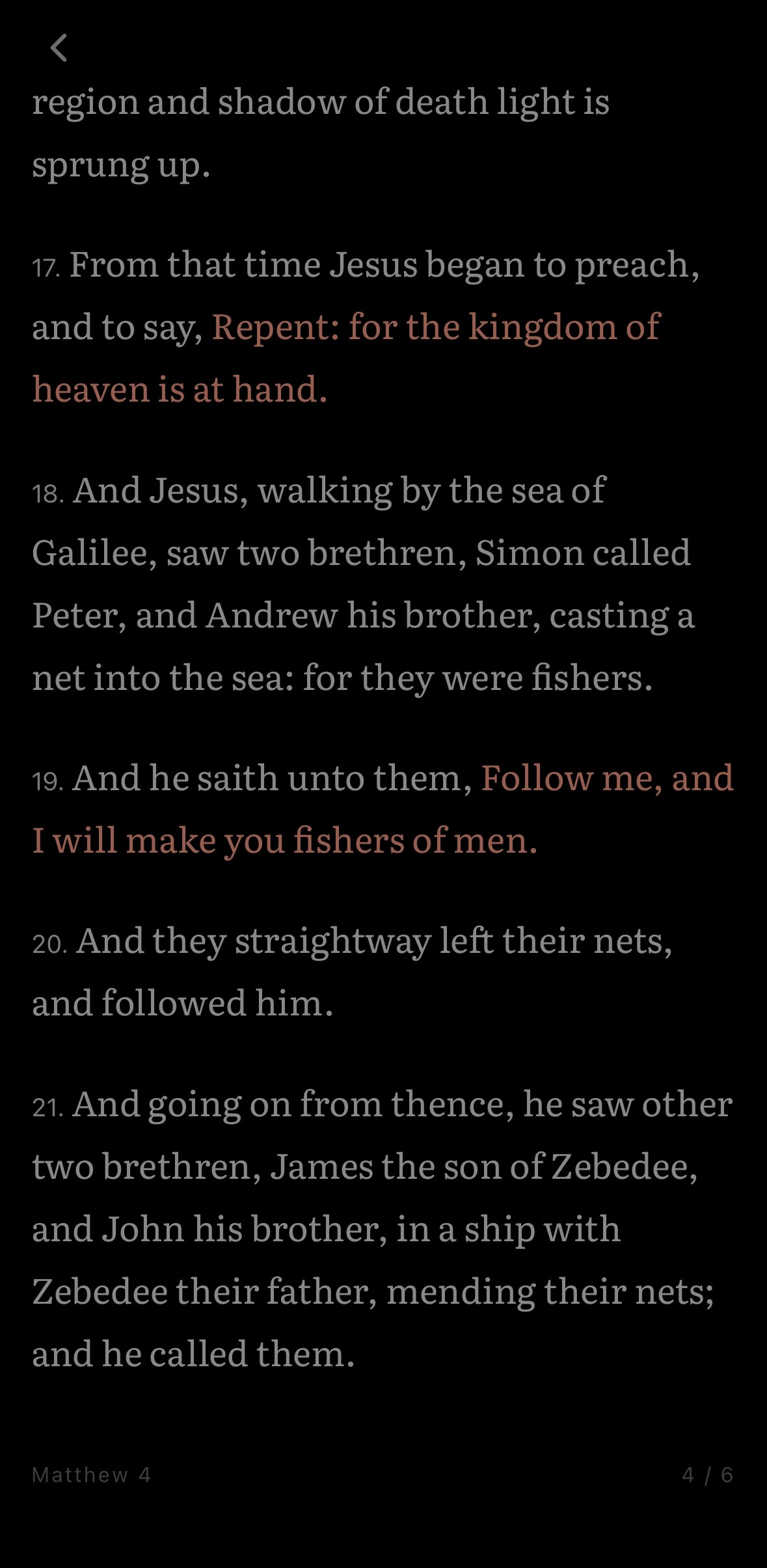 Same passage in the reader's dark theme — four themes, chosen per reading mood