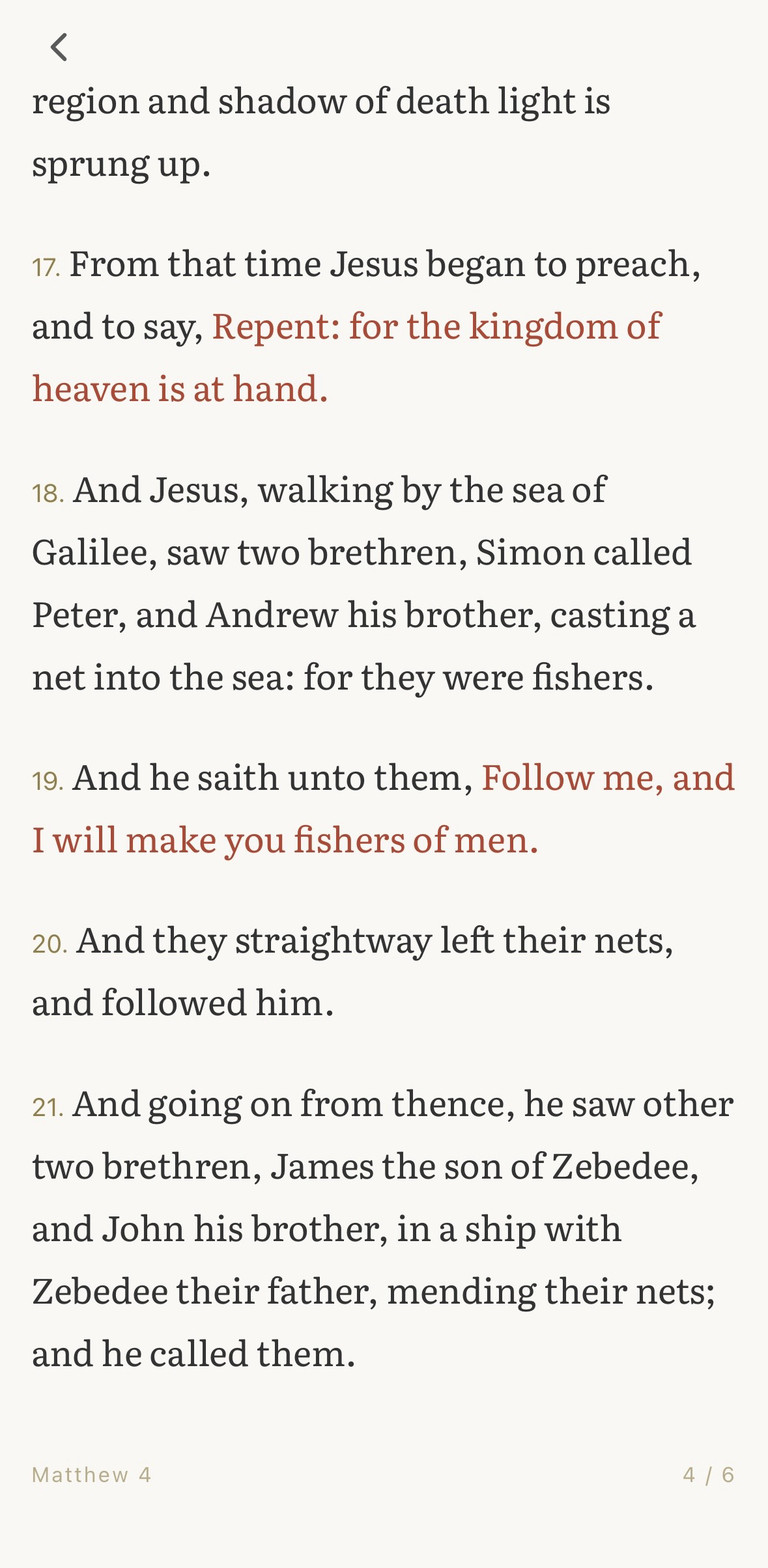 Matthew 4 in the reader's light theme — red-letter typography, serif body, paginated page indicator