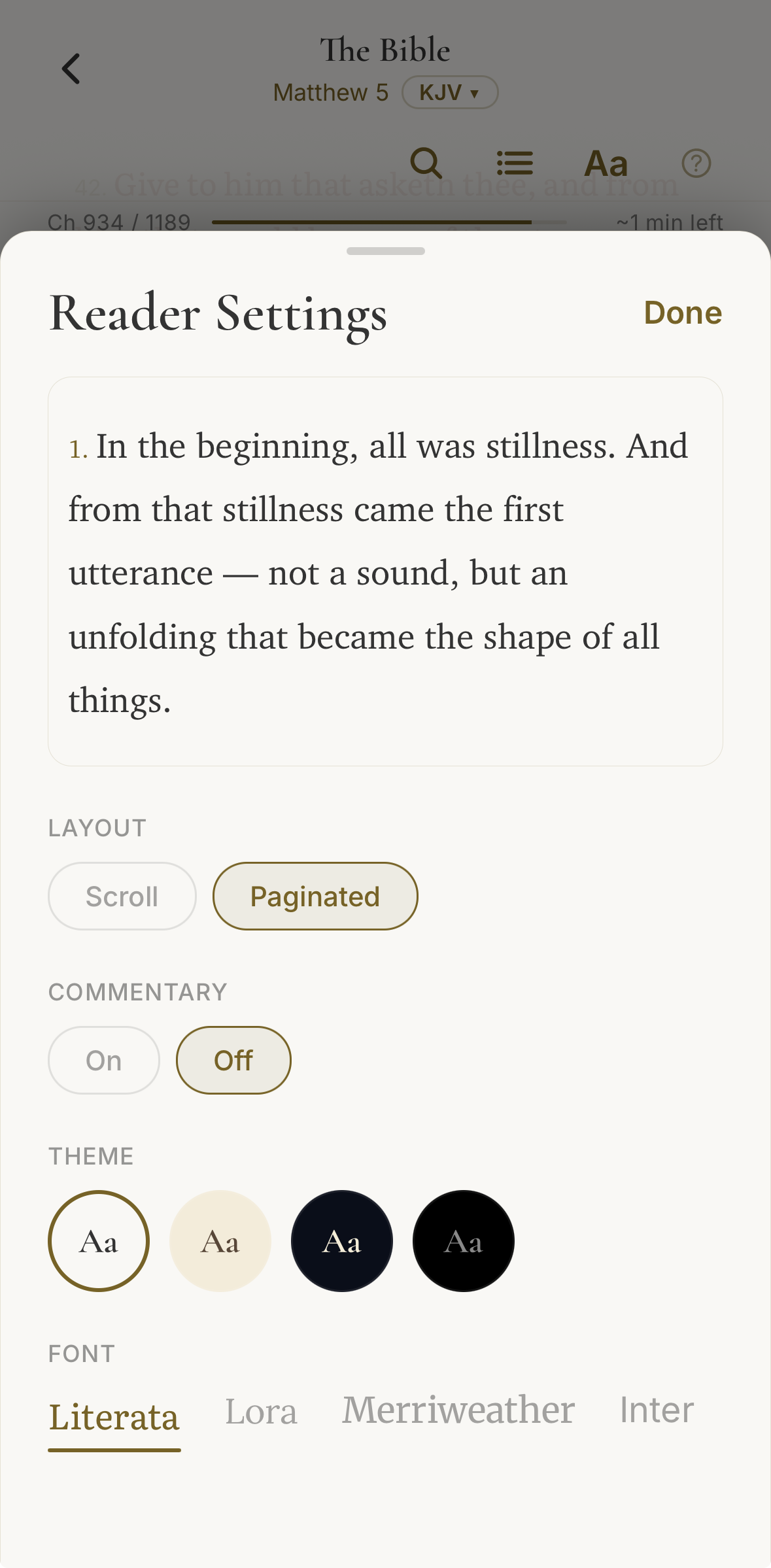 Reader Settings sheet — Layout, Commentary, Theme, and Font controls with a live preview of the body text