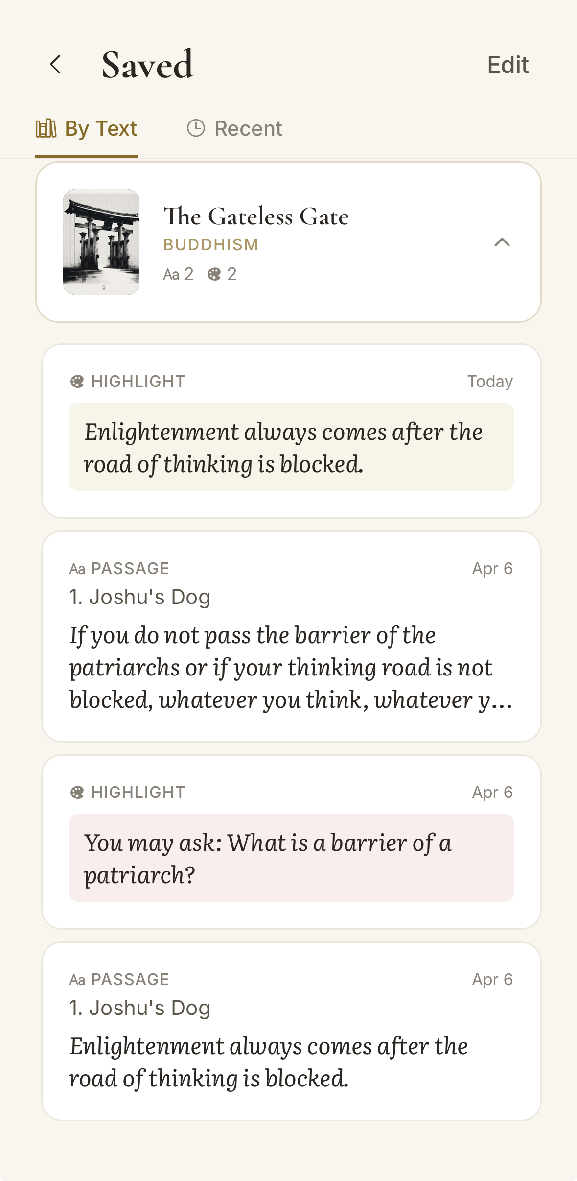 Saved screen — highlights and passages grouped by text, including The Gateless Gate