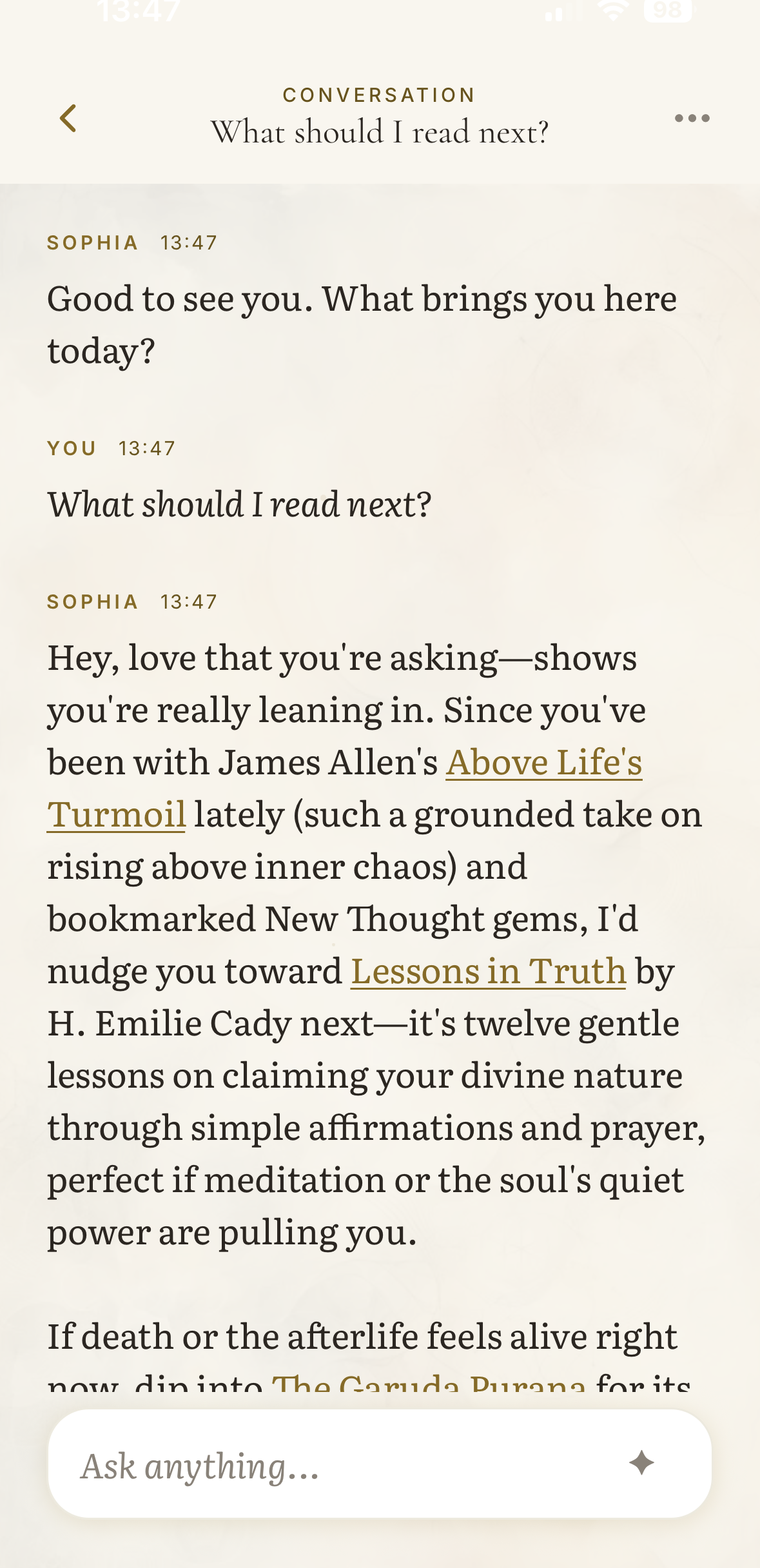 Sophia answering 'What should I read next?' with a recommendation of Lessons in Truth by H. Emilie Cady